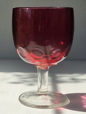 Vintage 1960s Bartlett Collins Ruby Red Thumbprint Goblet Glass Clear Stem 6”